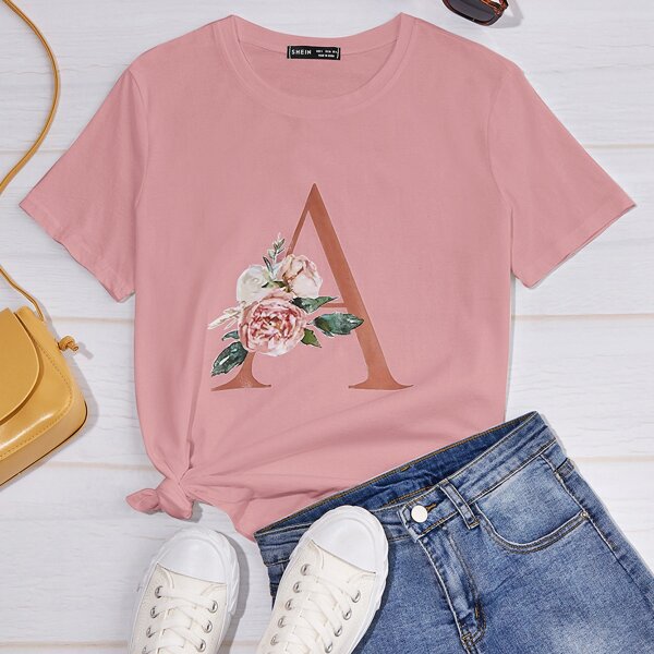 

Letter & Floral Print Round Neck Tee, Pink