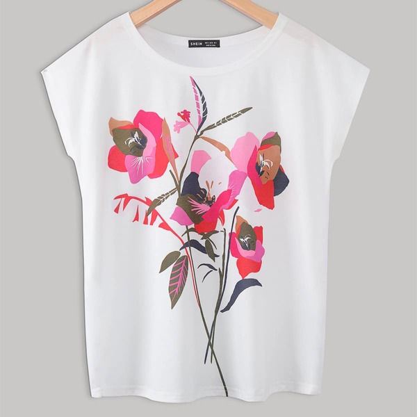 

Floral Print Batwing Sleeve Tee, White