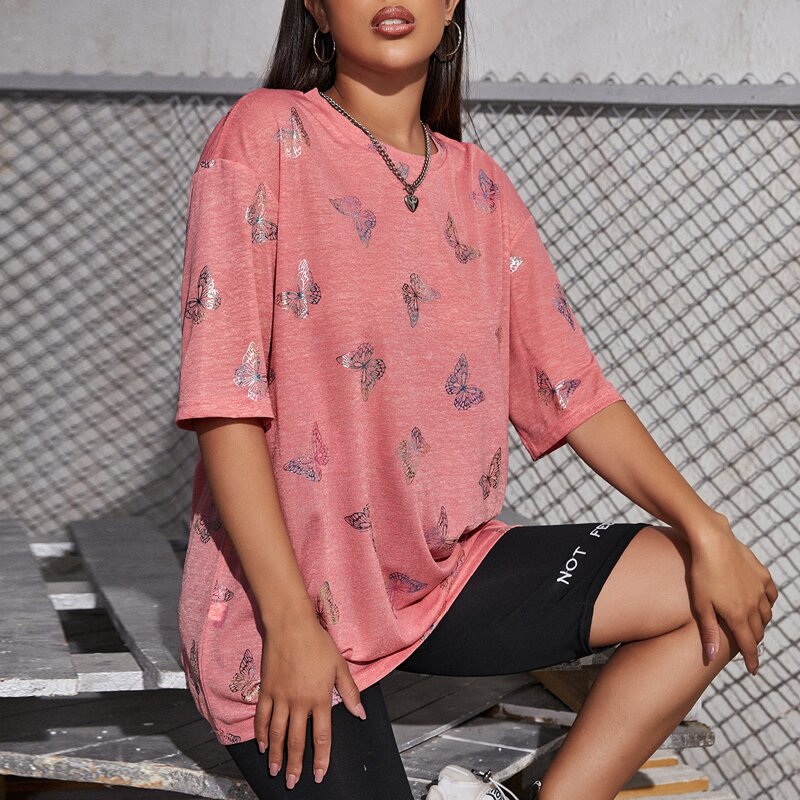 

Drop Shoulder Allover Butterfly Print Tee, Coral pink