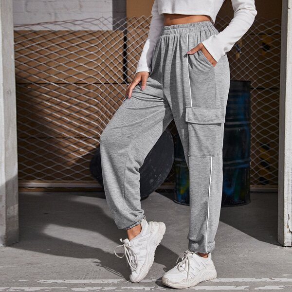 

Flap Pocket Contrast Binding Sweatpants, Grey