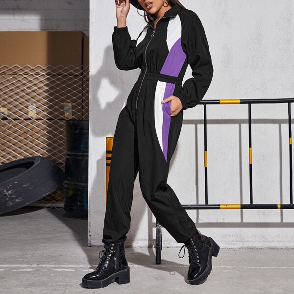 

Contrast Panel O-ring Zip Front Jumpsuit, Black