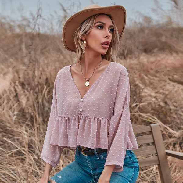 

Swiss Dot Ruffle Hem Crop Blouse, Dusty pink