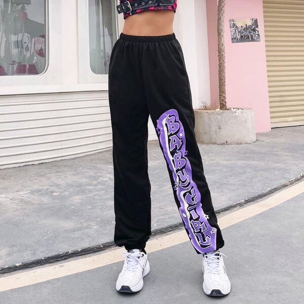

Letter Graphic Elastic Waist Sweatpants, Black