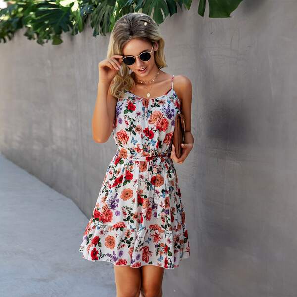 

Floral Print Self Tie Cami Dress, Multicolor