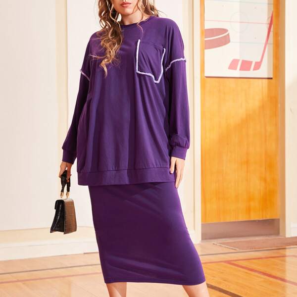 

Plus Drop Shoulder Patch Pocket Pullover & Slit Hem Skirt Set, Purple