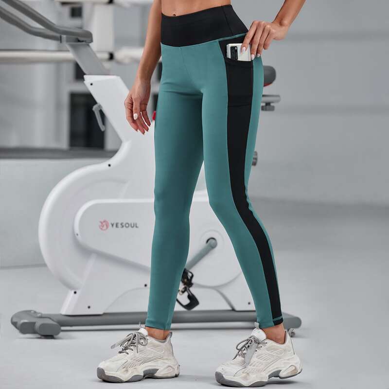 

Colorblock Wide Band Waist Sports Leggings With Phone Pocket, Cadet blue