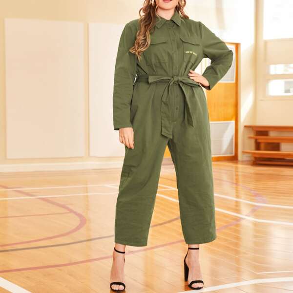 

Plus Button Front Flap Pocket Belted Jumpsuit, Army green