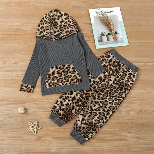 

Toddler Girls Leopard Print Kangaroo Pocket Hoodie With Pants, Multicolor