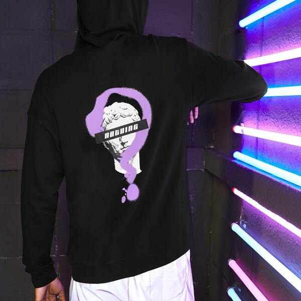 

Men Figure & Letter Graphic Drawstring Hoodie, Black