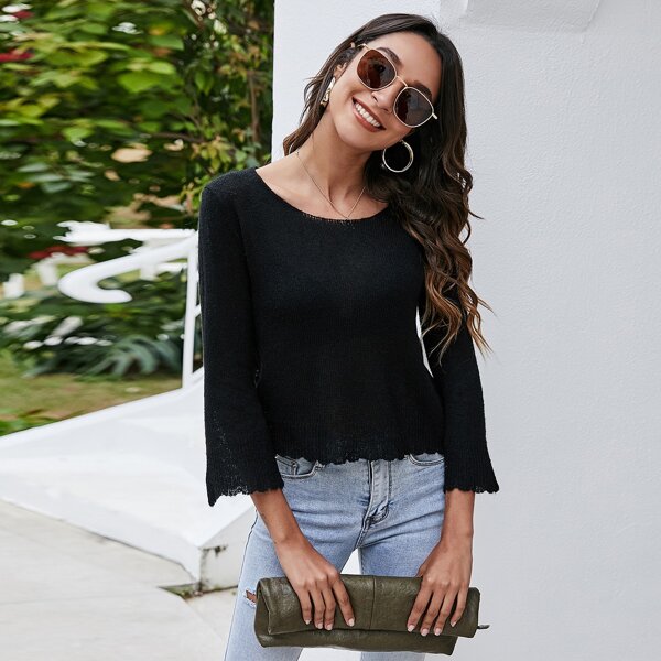

Scallop Hem Round Neck Sweater, Black
