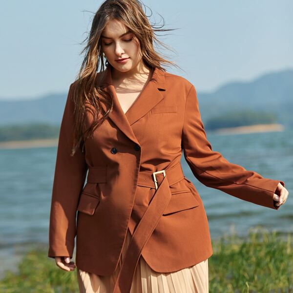 

Plus Flap Detail Belted Solid Blazer, Brown