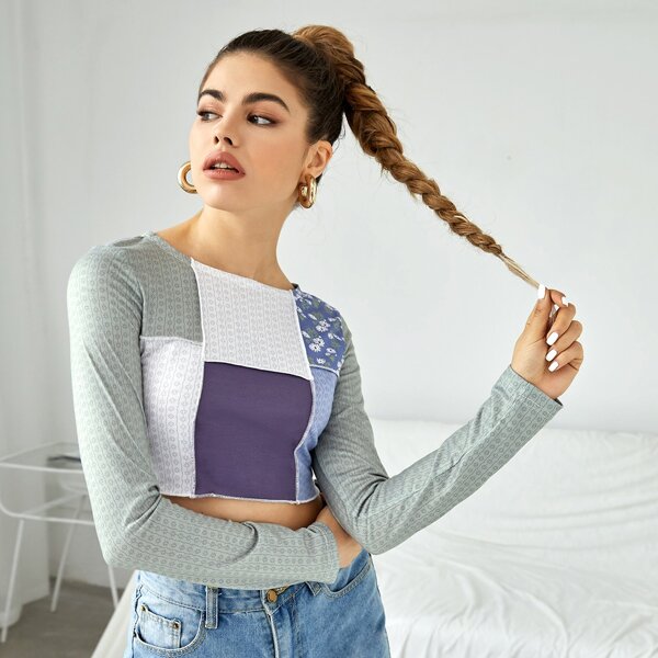 

Color Block Floral Print Crop Tee, Multicolor