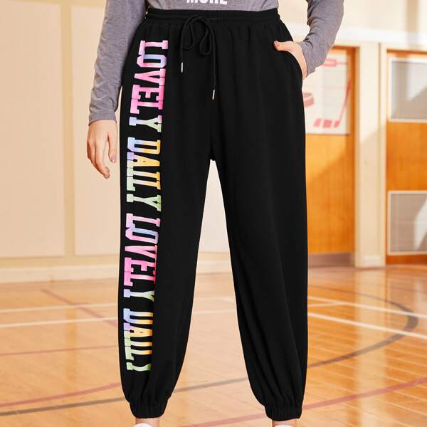 

Plus Drawstring Waist Letter Graphic Sweatpants, Black