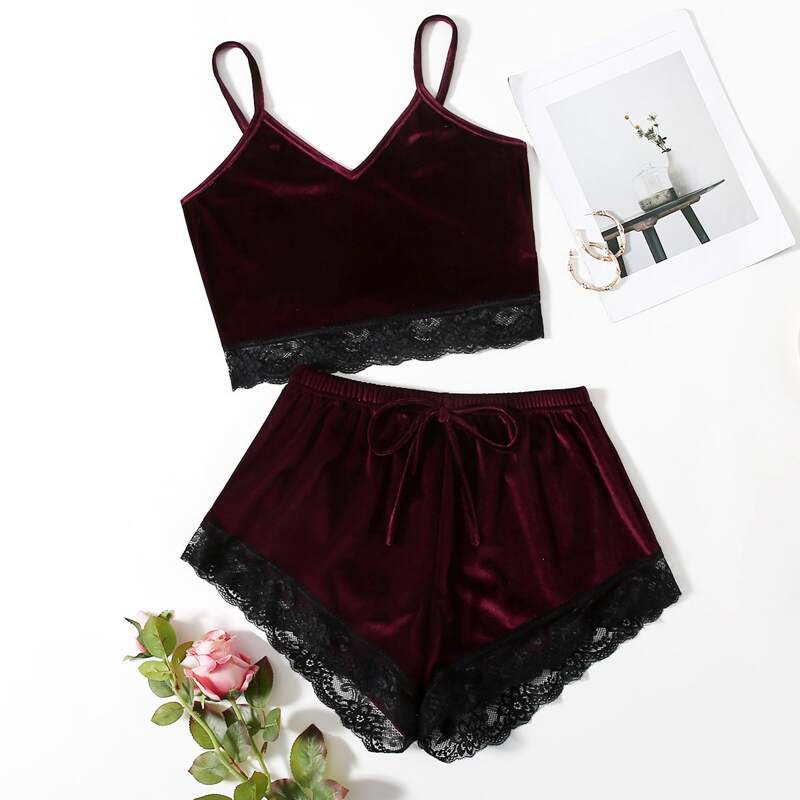 

Contrast Lace Velvet PJ Set, Burgundy