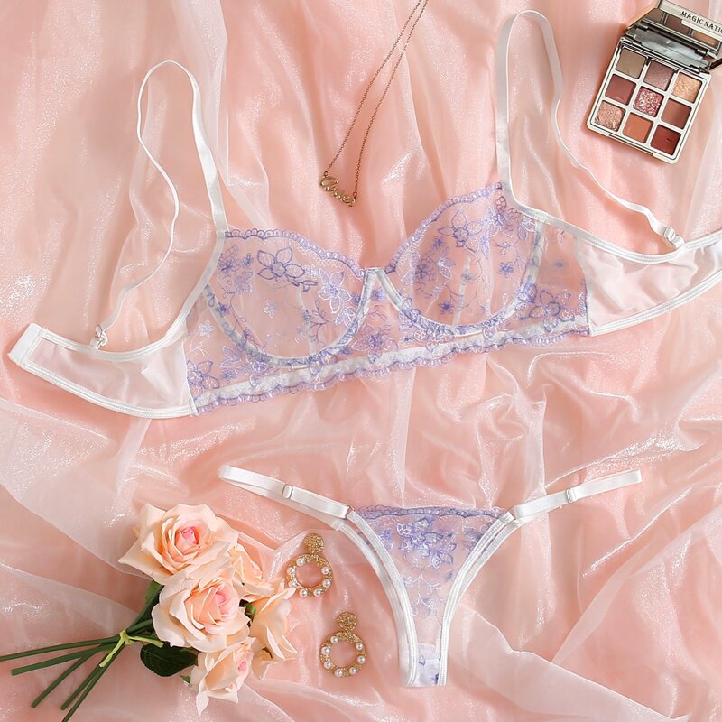 

Embroidered Mesh Underwire Lingerie Set, White