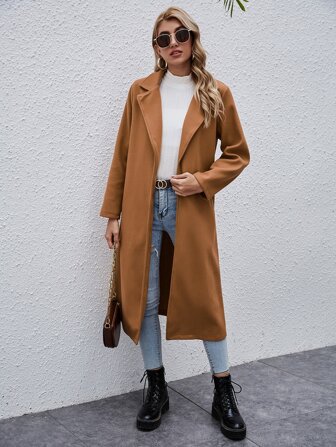 Lapel Collar Open Front Belted Overcoat