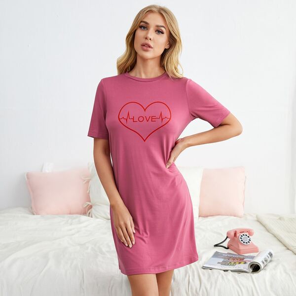 

Letter And Heart Print Night Dress, Pink