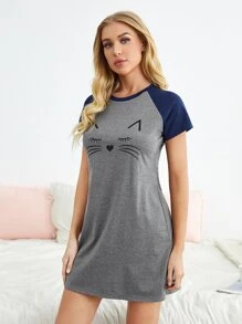 Cartoon Cat Print Raglan Sleeve Pajama Night Dress Holiday Season - Grey - View 3