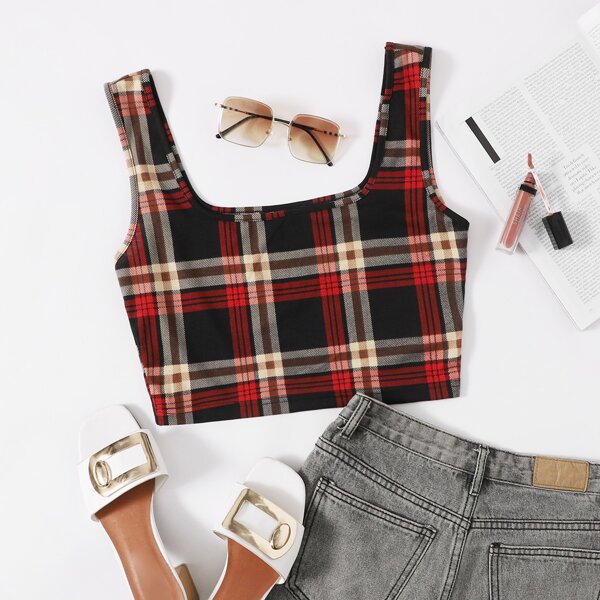 

Tartan Pattern Crop Tank Top, Multicolor