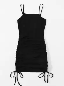 SHEIN EZwear Vestido tejido de canalé con cordón lateral - Negro - Ver 3