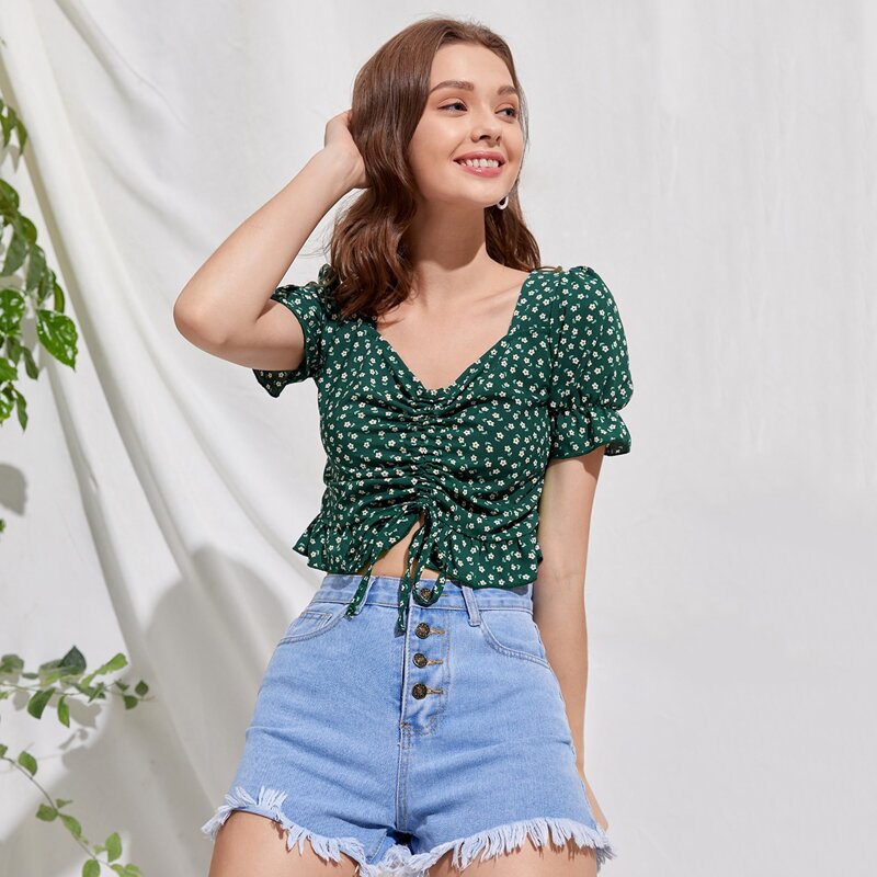 

Ditsy Floral Drawstring Crop Top, Dark green