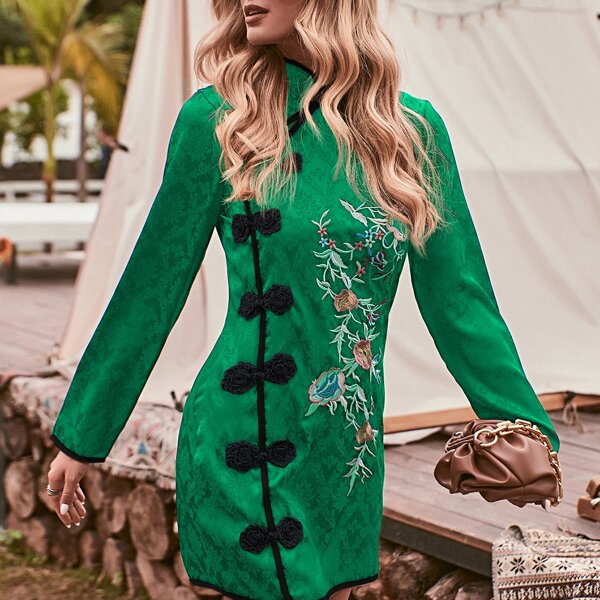 

Mandarin Collar Floral Embroidery Chinese QiPao Dress, Green