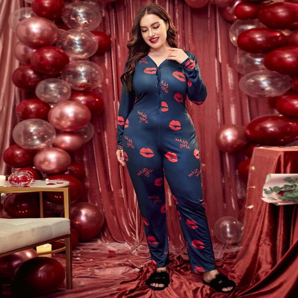 

Plus Lip And Slogan Graphic Pajama Jumpsuit, Navy blue