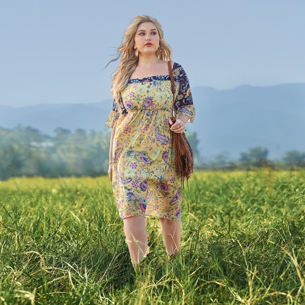 

Plus Square Neck Tie Backless Paisley & Floral Print Dress, Multicolor