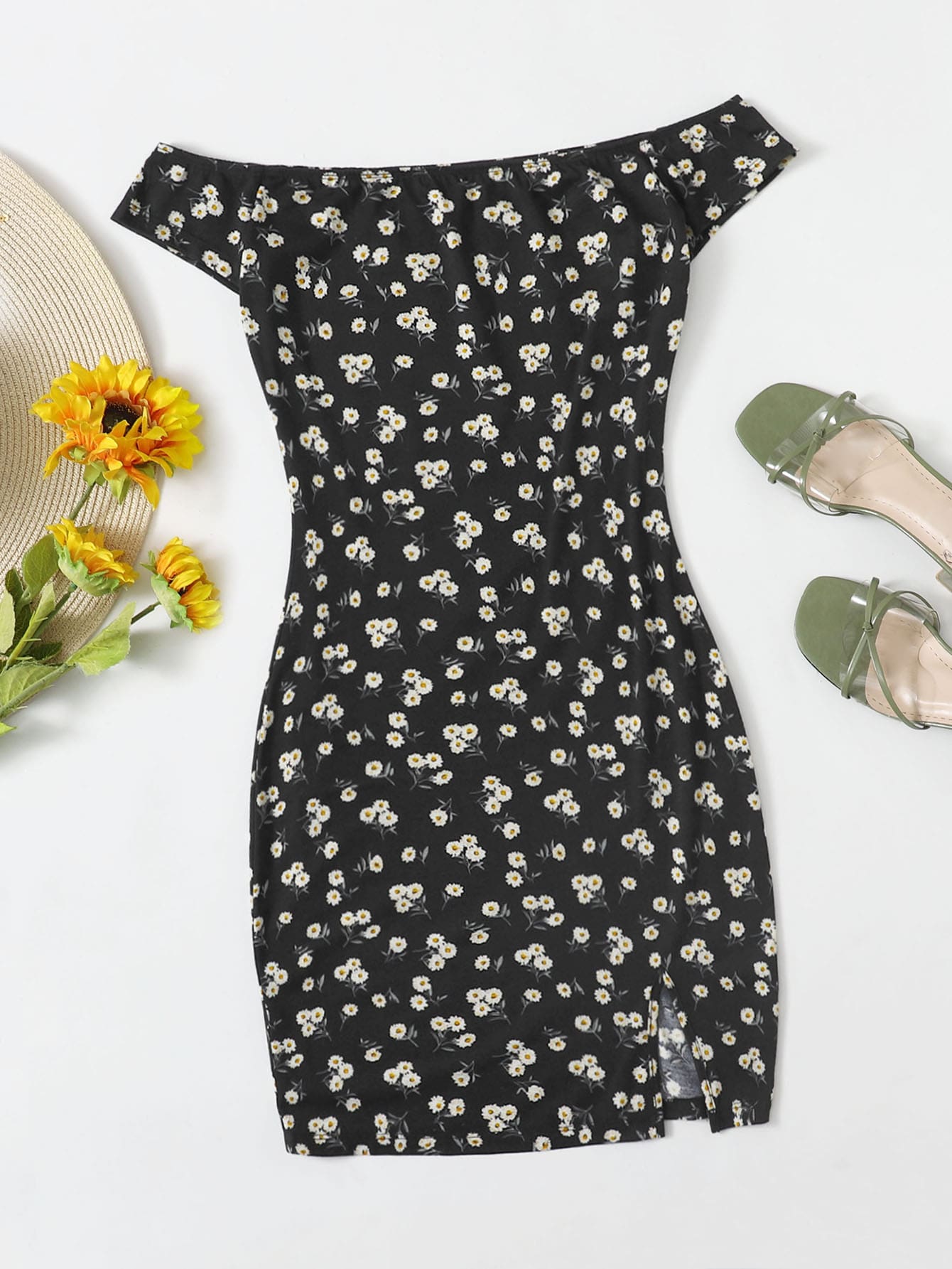 Off Shoulder Split Hem Ditsy Floral Dress thumbnail
