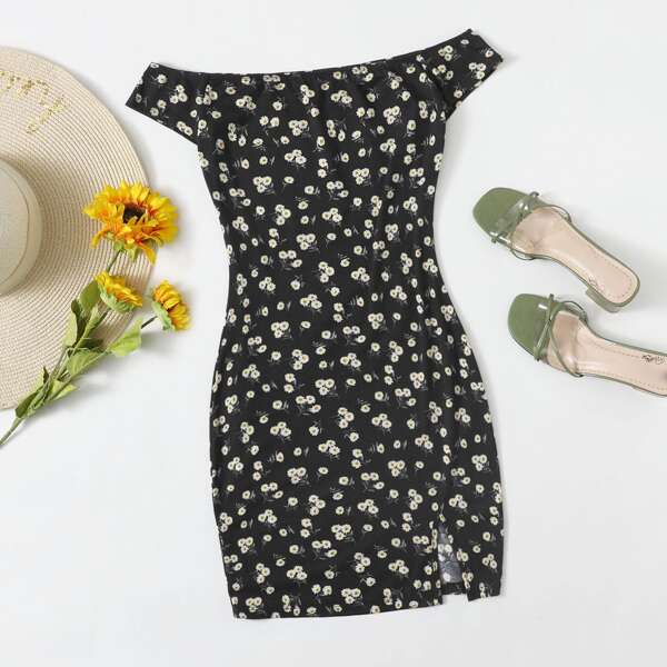 

Off Shoulder Split Hem Ditsy Floral Dress, Multicolor