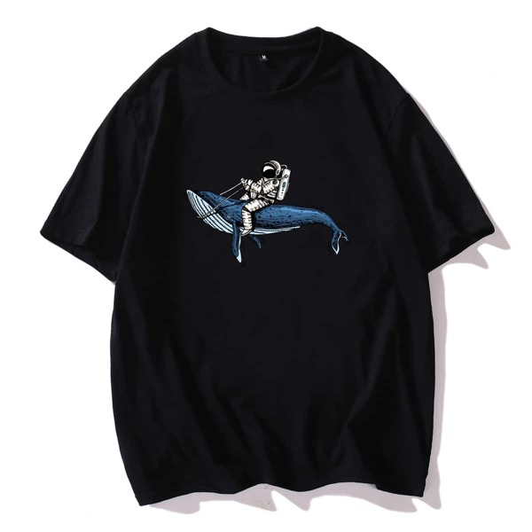 

Men Astronaut And Whale Print Tee, Black