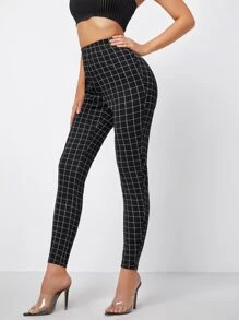 SHEIN Privé High Waist Grid Skinny Leggings - Black - View 1