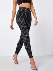 SHEIN Privé High Waist Grid Skinny Leggings - Black - View 3