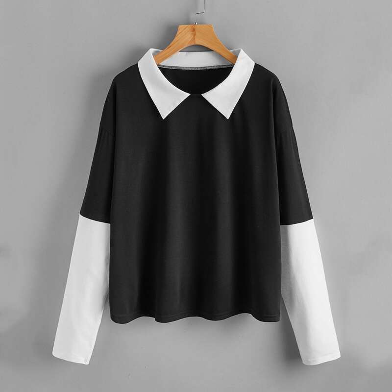 

Contrast Collar Colorblock Oversized Tee, Black and white