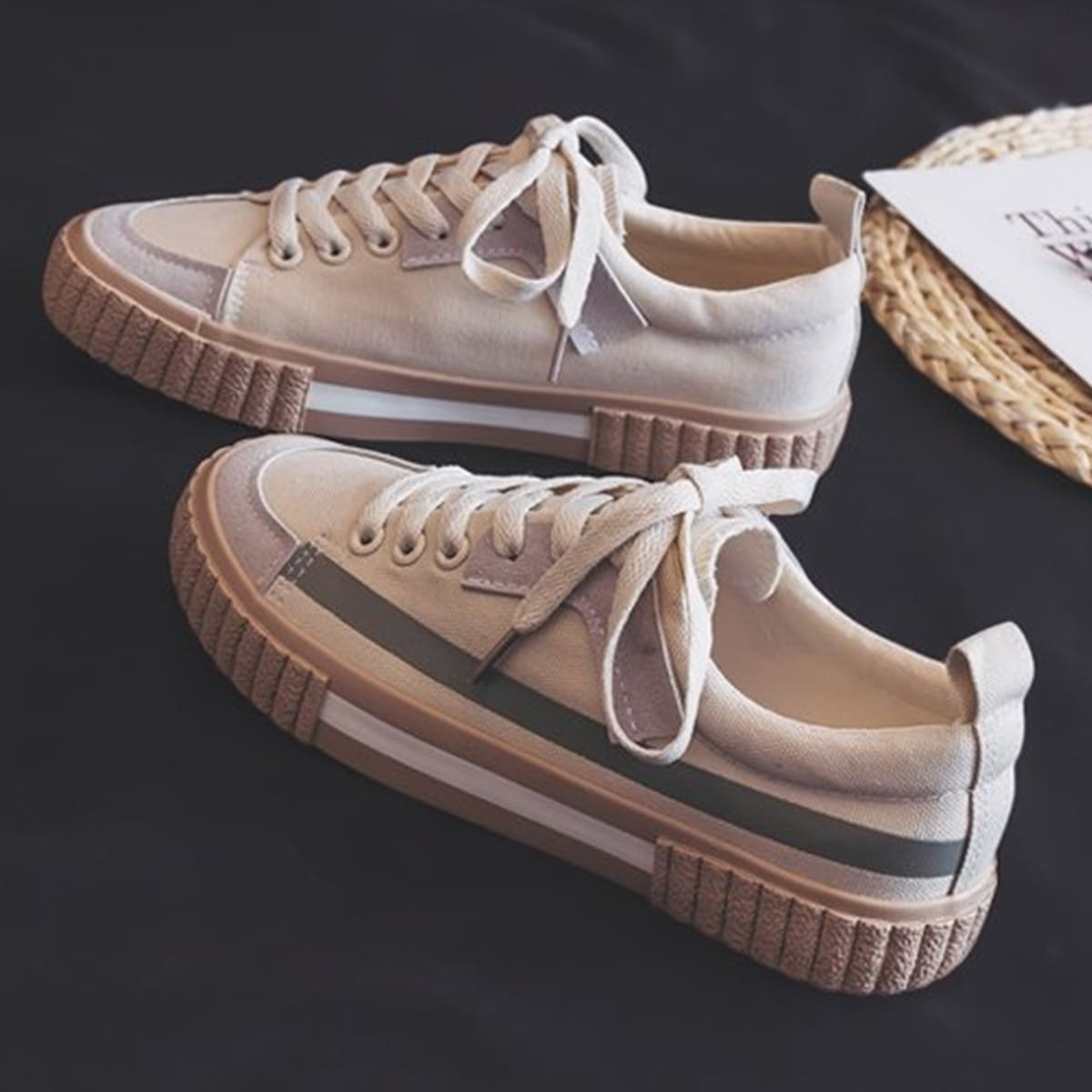 

Colorblock Lace-up Canvas Sneakers, Beige