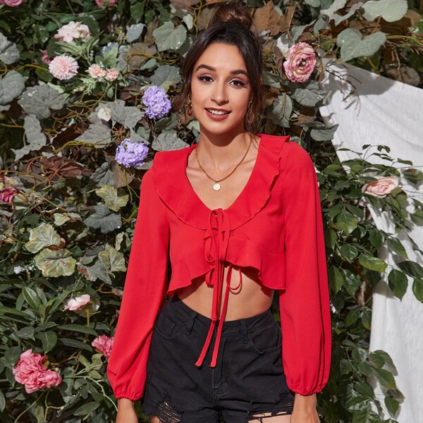 

Lantern Sleeve Ruffle Trim Tie Front Crop Top, Red