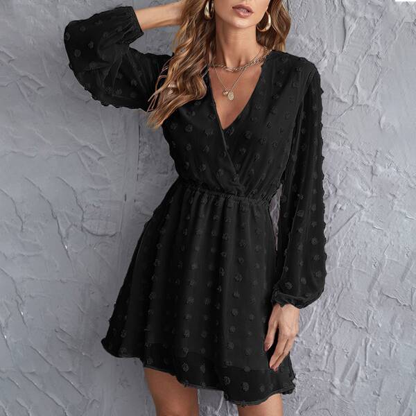 

Surplice Neck Lantern Sleeve Swiss Dot Dress, Black