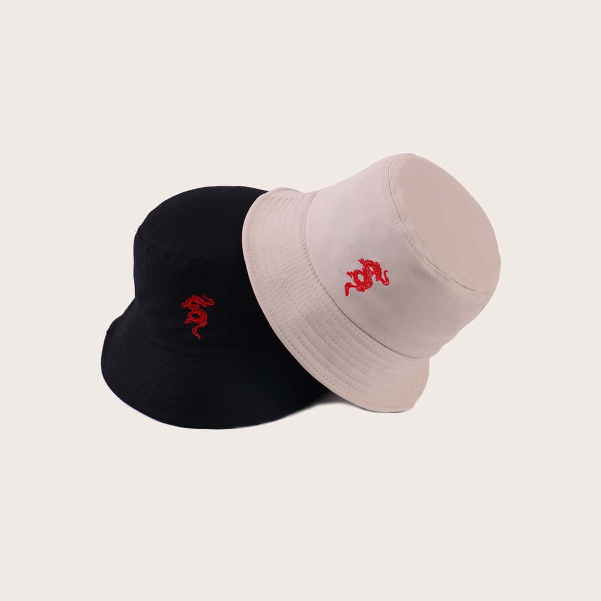 

Guys 2pcs Dragon Embroidery Bucket Hat, Multicolor