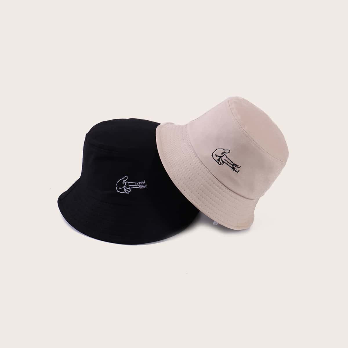 

Guys 2pcs Gesture Embroidery Bucket Hat, Multicolor