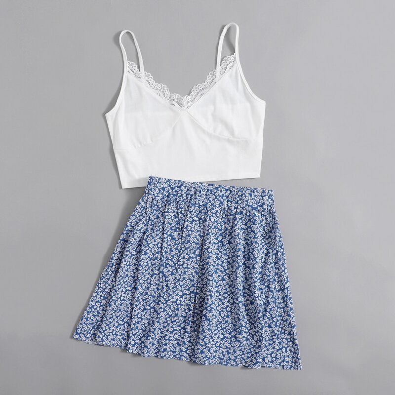 

Contrast Lace Crop Cami & Ditsy Flower Skirt, Multicolor