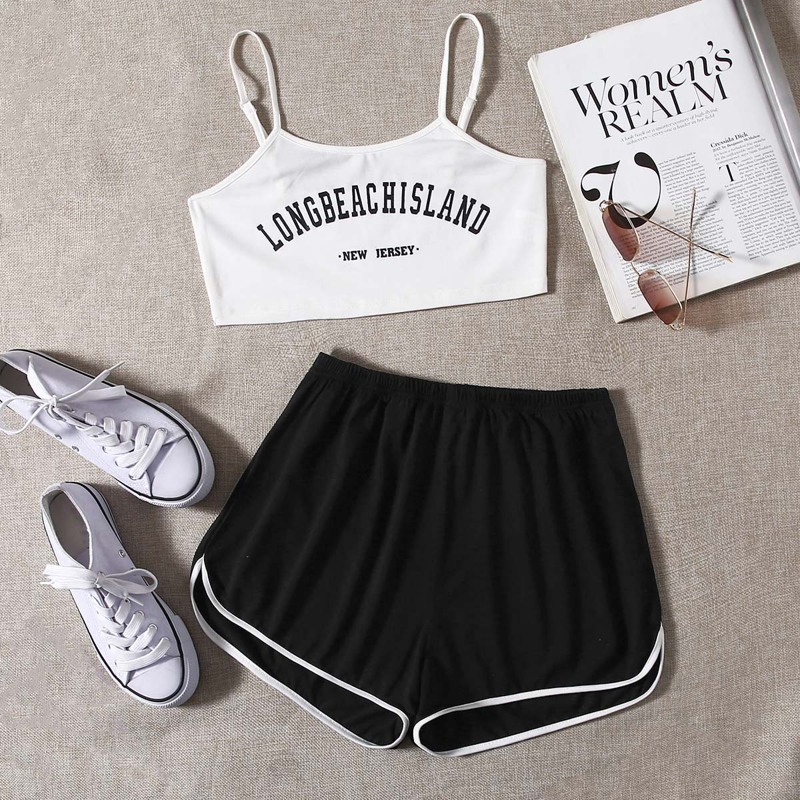 

Letter Graphic Cami Top & Contrast Binding Shorts, Black and white