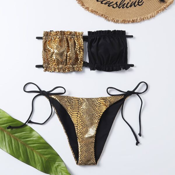 

Croc Metallic Frill Tie Side Bikini Swimsuit, Multicolor