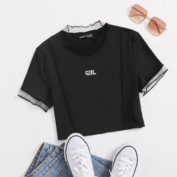 

Mesh Trim Letter Graphic Crop Tee, Black
