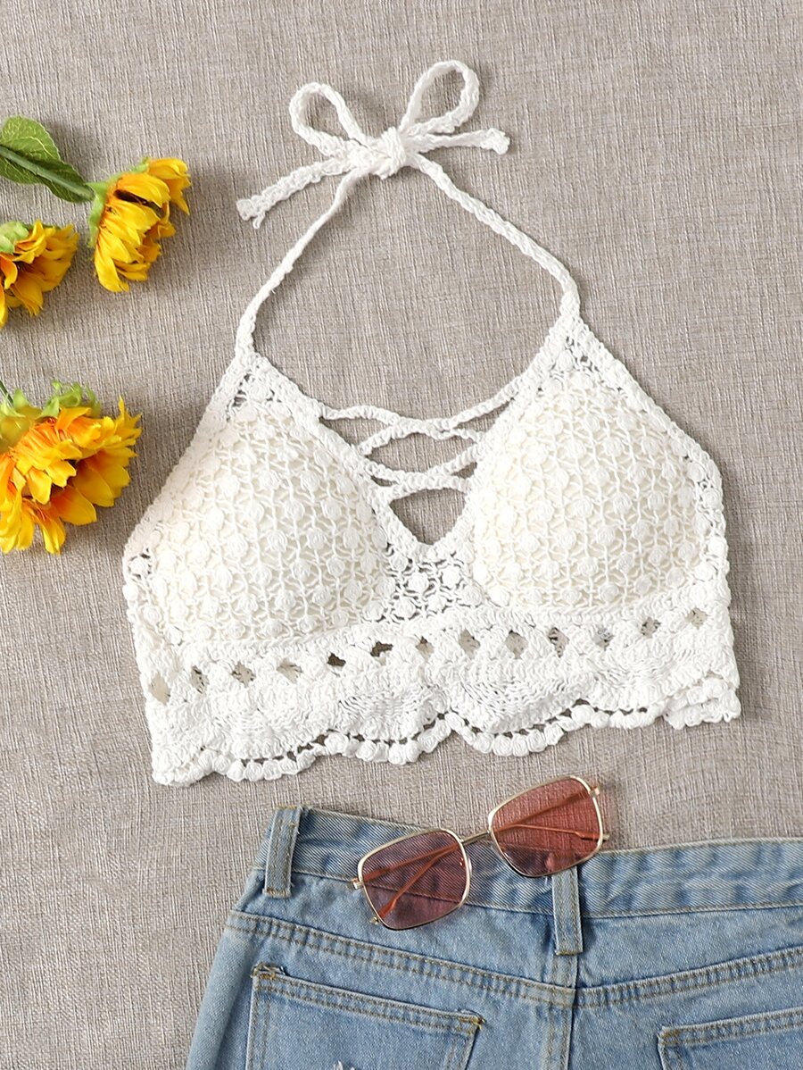 Parte superior de bikini con escote de halter y espalda descubierta con lazos, para vacaciones de verano en la playa - Blanco - Ver 1