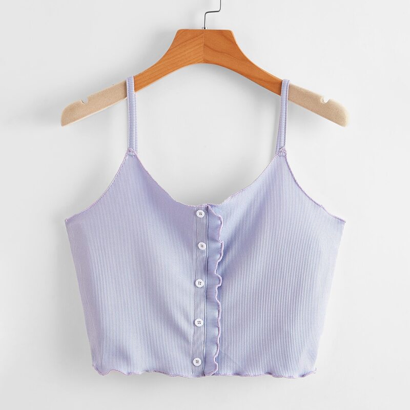 

Solid Button Front Lettuce Trim Crop Cami, Lilac purple