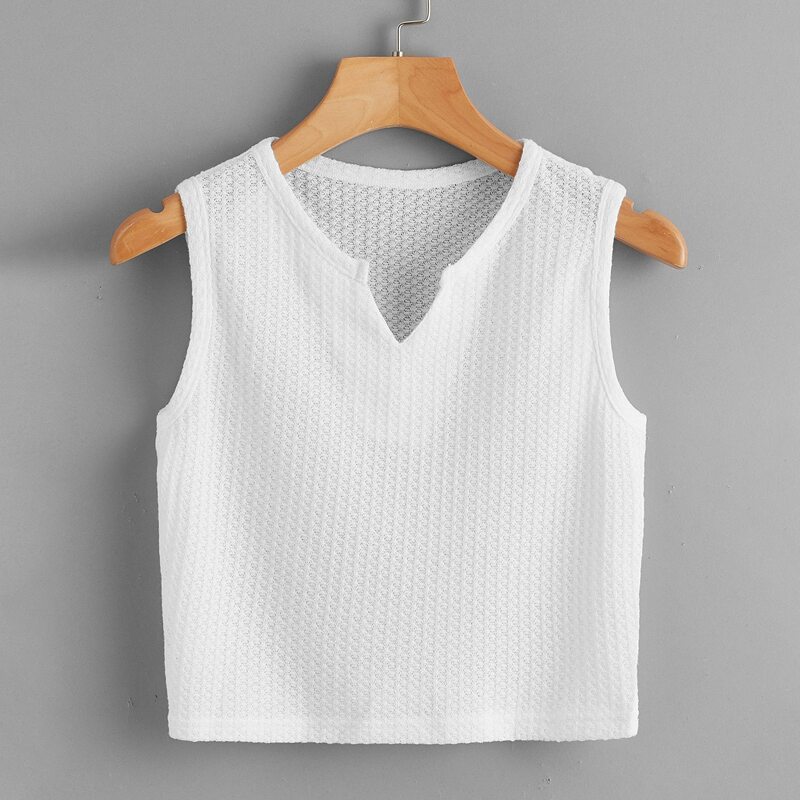 Solid Notched Tank Top, White