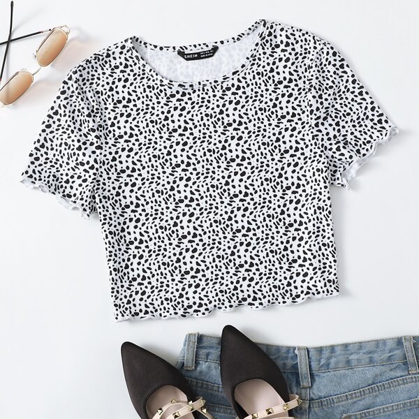 

Lettuce Trim Dalmatian Rib-knit Tee, Black and white