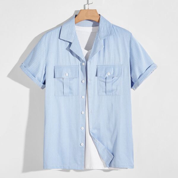 

Men 1pc Striped Pocket Shirt, Baby blue