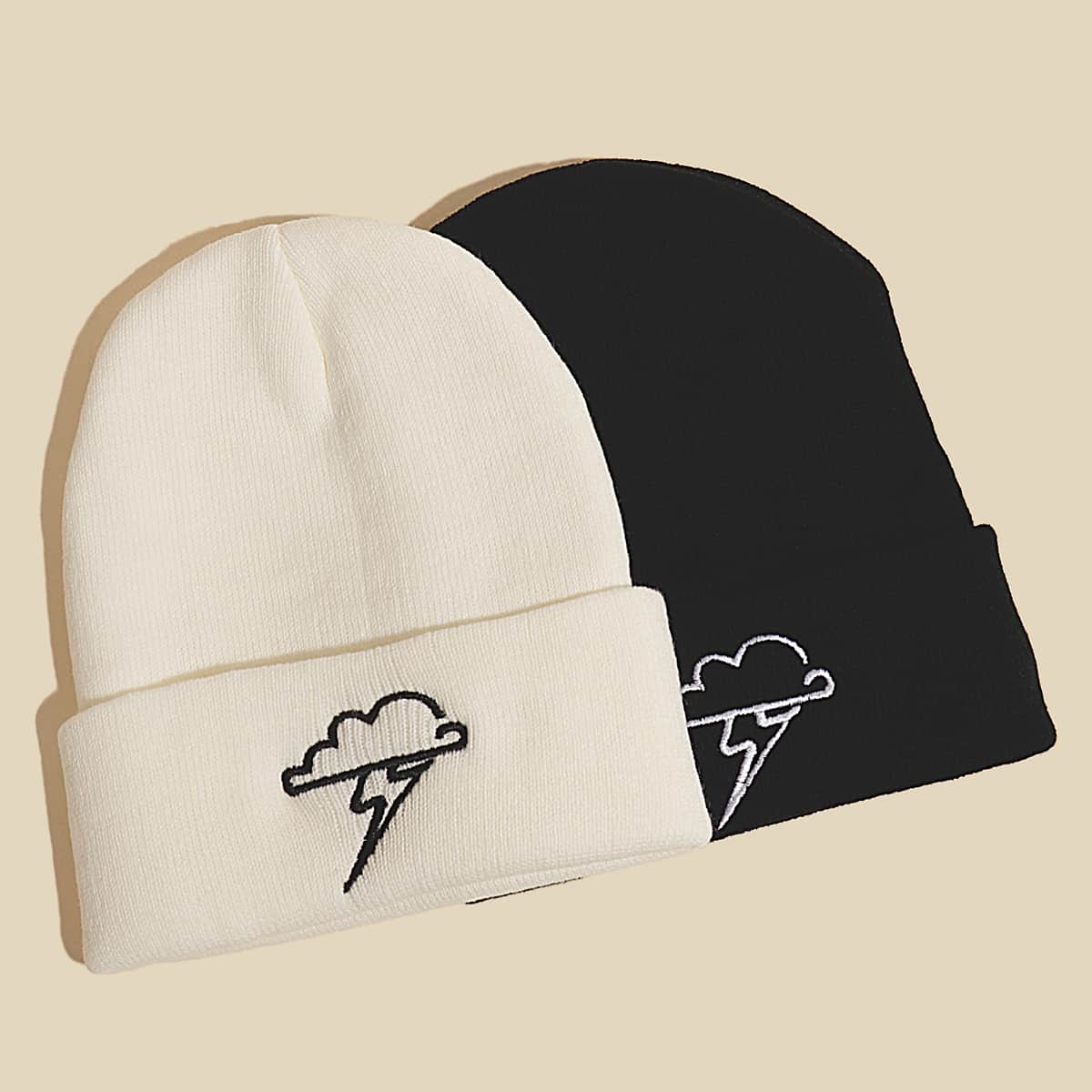 

Guys 2pcs Cloud Embroidery Knit Beanie, Black and white