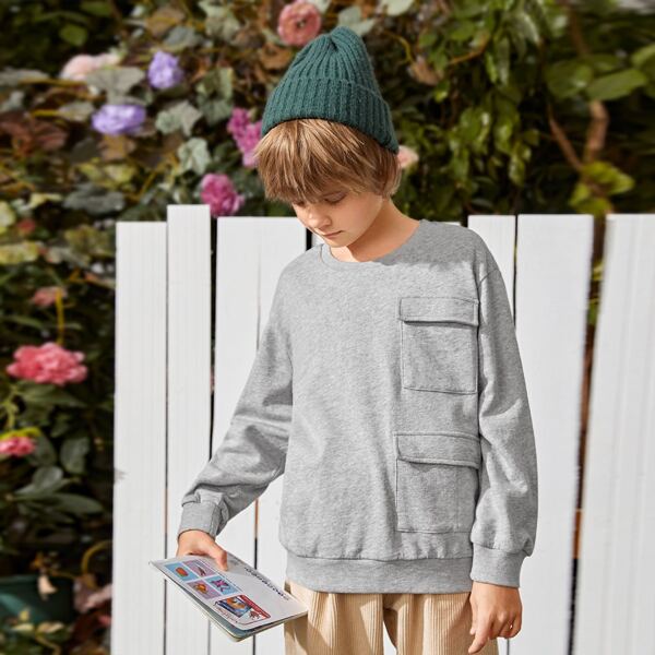 

Boys Drop Shoulder Flap Pocket Pullover, Light grey